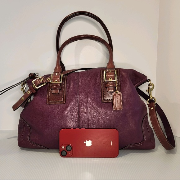 Coach Genuine Pebbled Leather Berry w/Camel Accents Hampton Satchel Bag - Picture 2 of 16